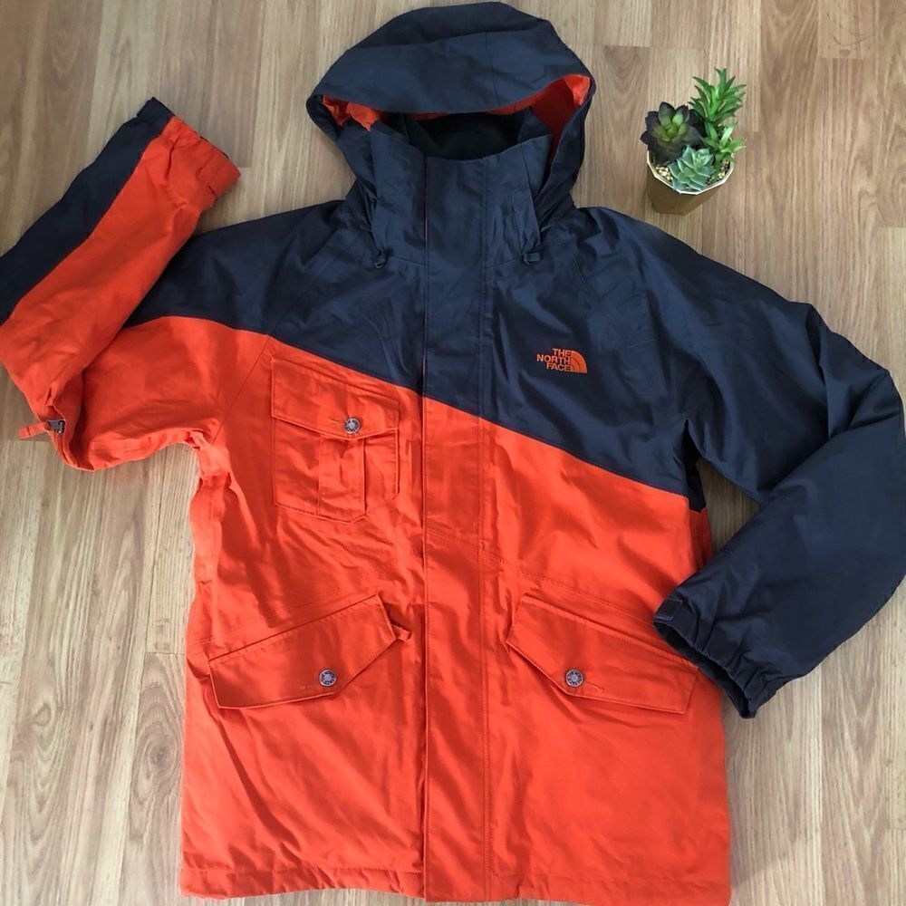The North Face Hyvent Orange/Brown Jacket W/ Brown Plaid Reversible Liner